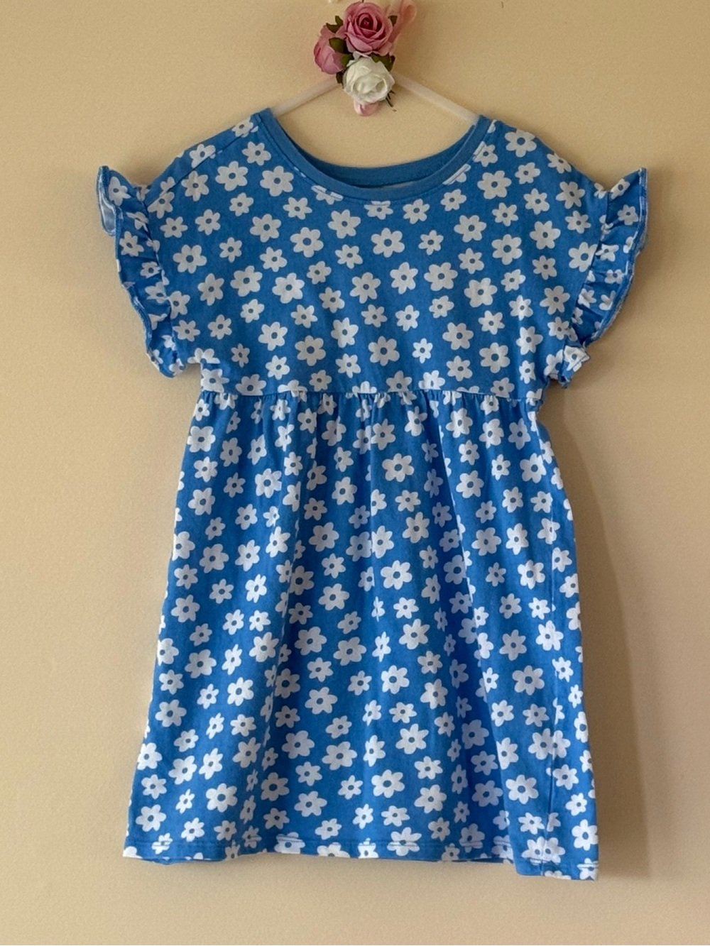 Old Navy Toddler Girls Blue and White Daisy Print Ruffle-Sleeve Dress, Size 4T